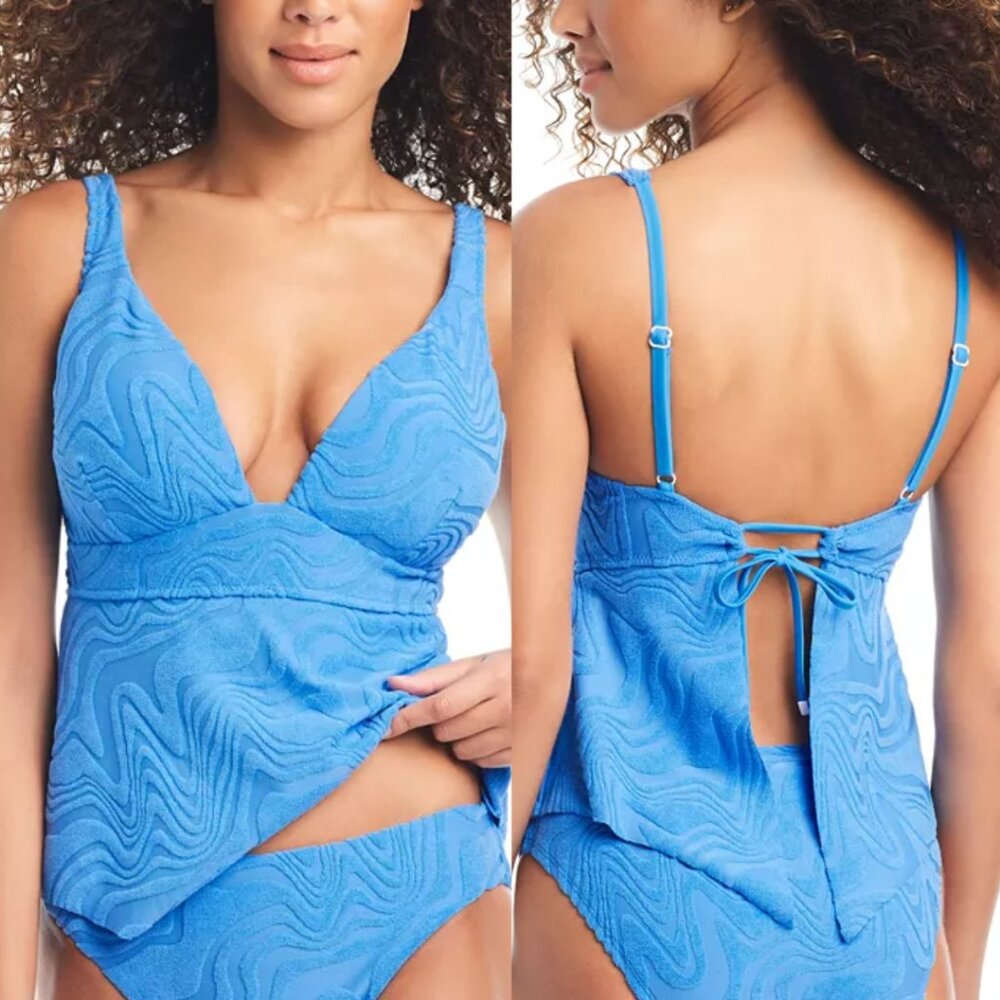 NWT Bar III Tankini Top Hankey Textured Blue Sz S